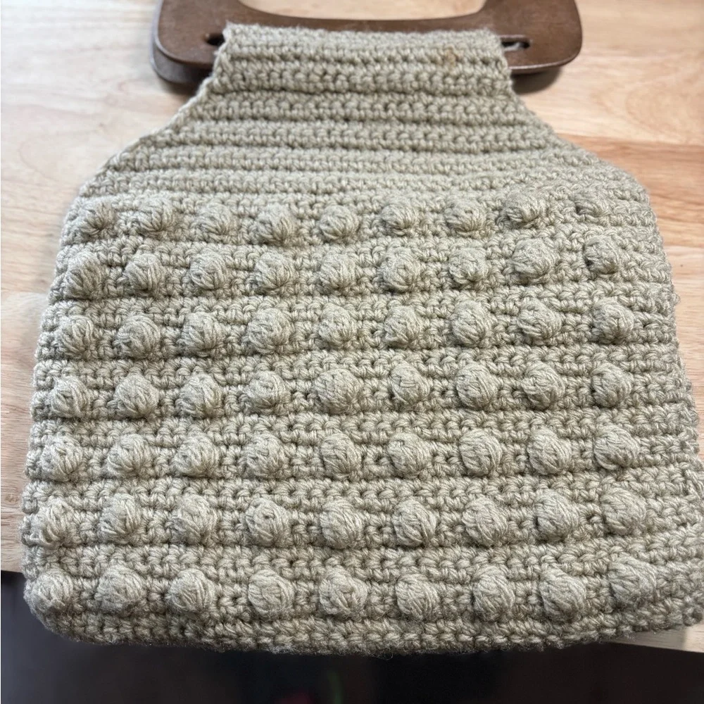 Neutral Beige Crochet Bag with Wood Handles & Balls Boho Cottagecore